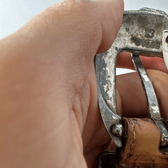 vtg 90s BRIGHTON Classics Black Leather Belt Silver Gold women's L 34 dressy thi - Picture 8 of 8